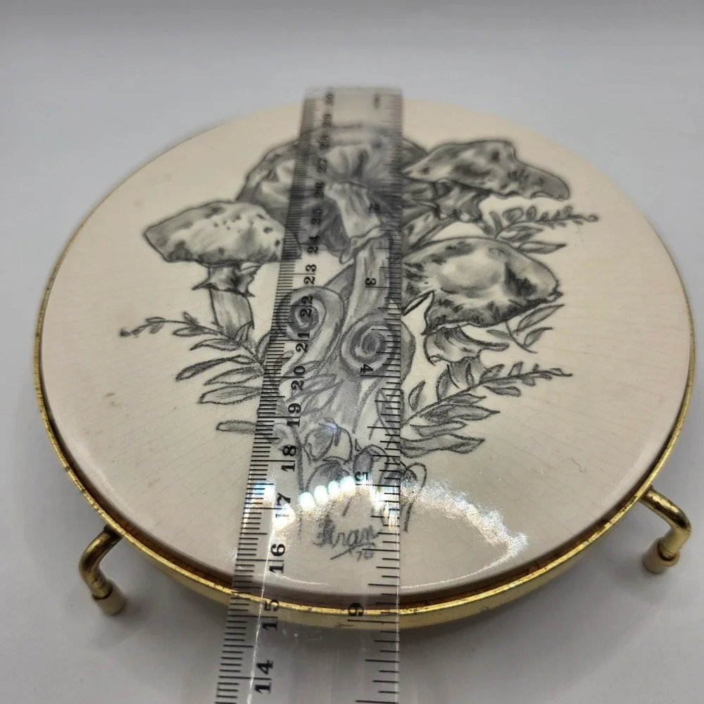 Vintage 1976 Fran Artist Signed Mushroom Fern Ceramic Footed Trivet 6 Inch Round